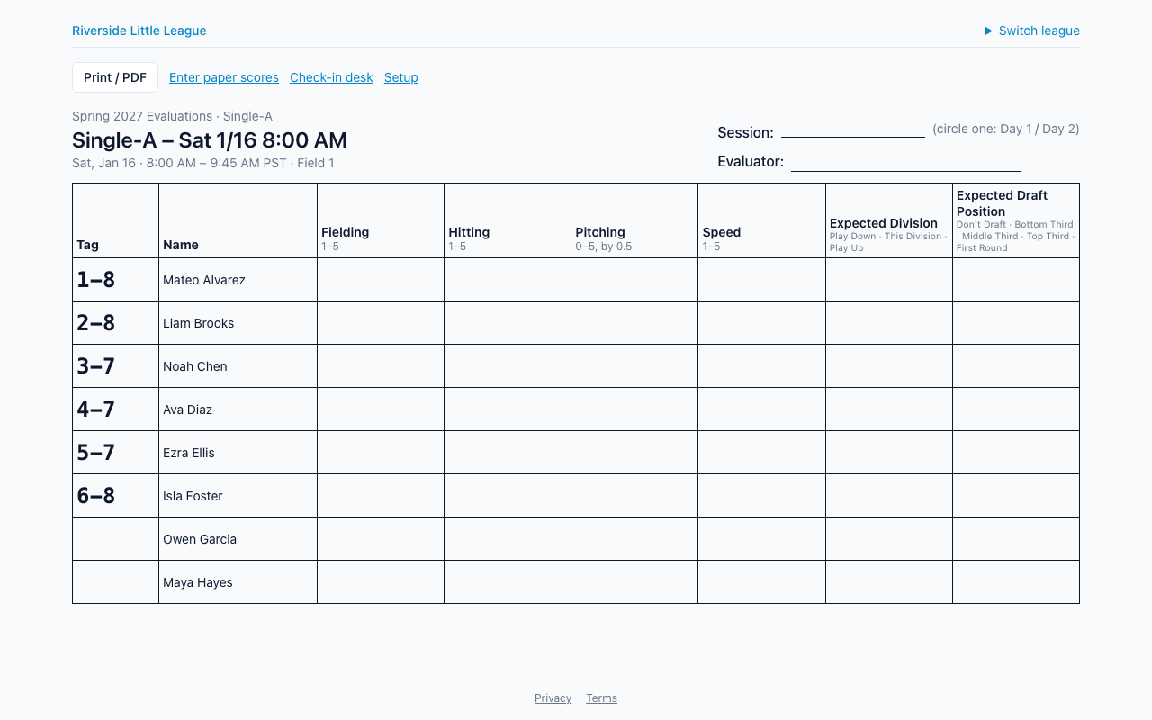 A printable pool sheet: the Eval Group's players by tag, with a blank column for each criterion and a line for the evaluator's name