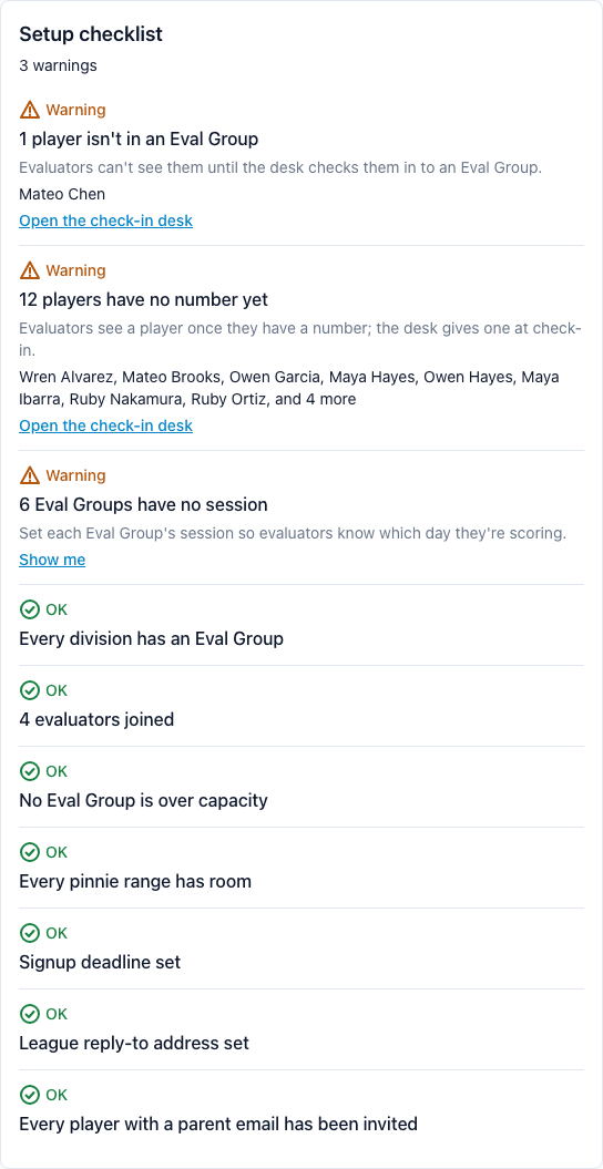 The setup checklist: each open item names what to fix, such as players without an Eval Group, with a link to where to fix it