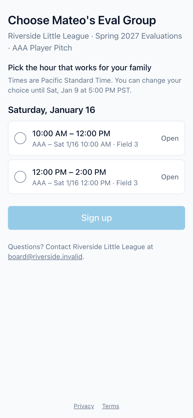 The family signup page on a phone: the child's first name and division, and the Eval Groups to pick from, with their times and whether each is open