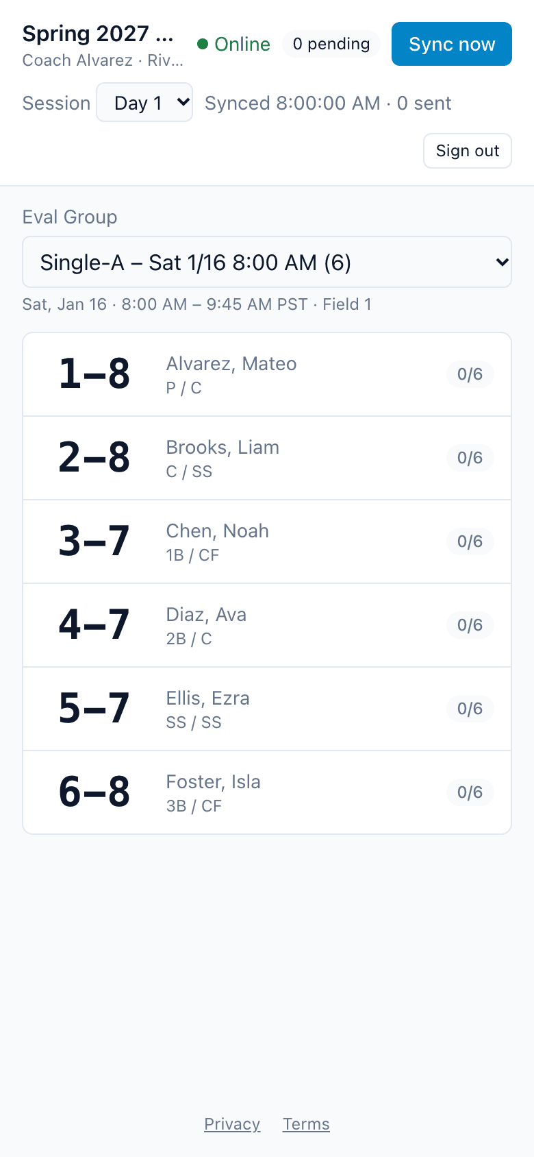 An evaluator's phone showing the players in one Eval Group, each by tag, with how many scores are waiting to sync