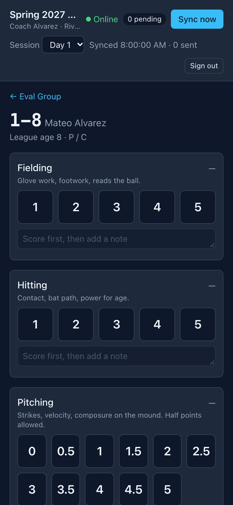 The scoring screen on a phone: a player's tag in large type, with a row of rating buttons for each skill