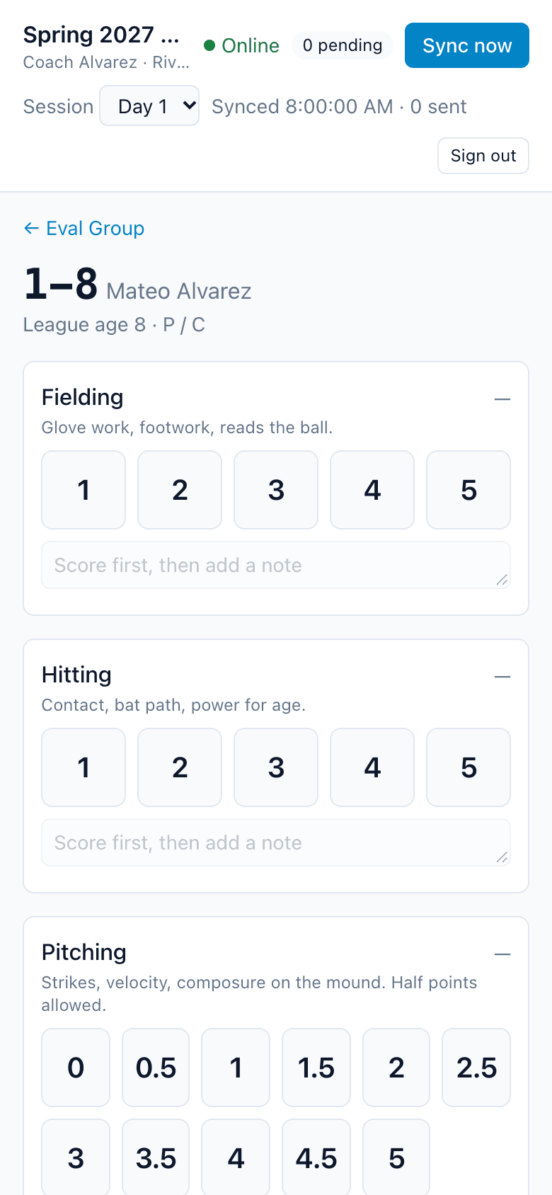 The scoring screen on a phone: a player's tag in large type, with a row of rating buttons for each skill